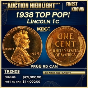 1938 Proof Lincoln Cent TOP POP! 1c pr68 rd cam SEGS