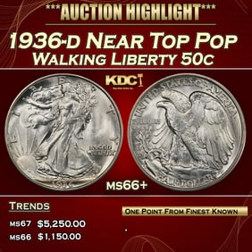 1936-d Walking Liberty Half Dollar Near Top Pop 50c ms66+ SEGS