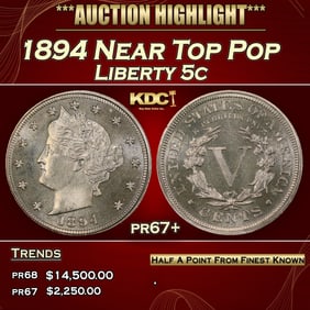 1894 Proof Liberty Nickel Near Top Pop 5c pr67+ SEGS