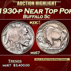 1930-p Buffalo Nickel Near Top Pop 5c ms67 SEGS