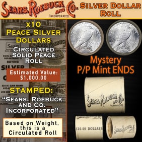 Sears 10 Coin Circulated Peace Dollar $1 Roll Mystery 'P' Rev/'P' Rev Ends