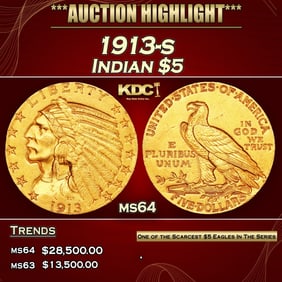 1913-s Gold Indian Half Eagle $5 ms64 USCG