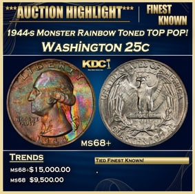 1944-s Washington Quarter Monster Rainbow Toned TOP POP! 25c ms68+ SEGS