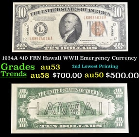 1934A $10 FRN Hawaii WWII Emergency Currency Grades Select AU