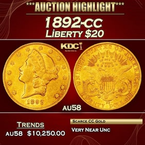 1892-cc Gold Liberty Double Eagle $20 au58 SEGS