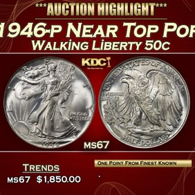 1946-p Walking Liberty Half Dollar Near Top Pop 50c ms67 SEGS