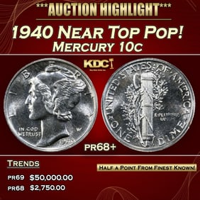 1940 Proof Mercury Dime Near Top Pop! 10c pr68+ SEGS