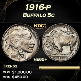 1916-p Buffalo Nickel 5c Grades ms65+