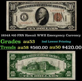 1934A $10 FRN Hawaii WWII Emergency Currency Grades Select AU