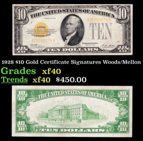 1928 $10 Gold Certificate Signatures Woods/Mellon Grades xf