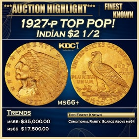 1927-p Gold Indian Quarter Eagle TOP POP! $2 1/2 ms66+ USCG