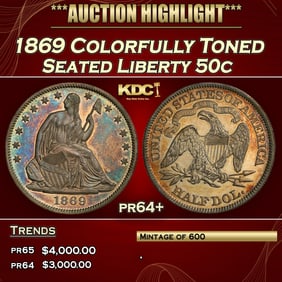 1869 Proof Seated Half Dollar Colorfully Toned 50c pr64+ SEGS