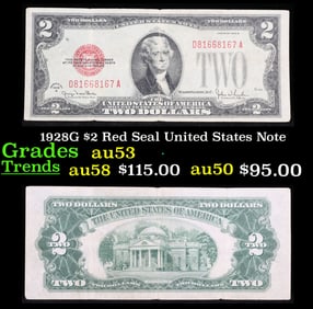 1928G $2 Red Seal United States Note Grades Select AU