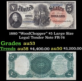 1880 $5 Large Size Legal Tender Note "WoodChopper" Grades Select AU FR-76