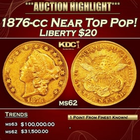 1876-cc Gold Liberty Double Eagle Near Top Pop! $20 ms62 USCG