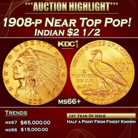 1908-p Gold Indian Quarter Eagle Near Top Pop! $2 1/2 ms66+ USCG