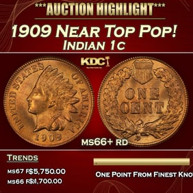 1909 Indian Cent Near Top Pop! 1c ms66+ rd SEGS