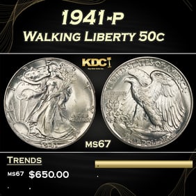1941-p Walking Liberty Half Dollar 50c ms67 SEGS