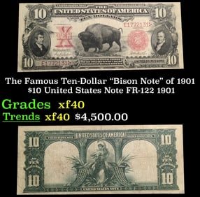 The $10 United States Note Famous Ten-Dollar "Bison Note" of 1901 FR-122 Grades xf 1901