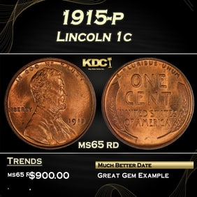 1915-p Lincoln Cent 1c Grades ms65 rd