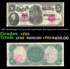 1907 $5 Large Size Legal Tender Note "WoodChopper" Grades vf+ Signatures Teehee/Burke