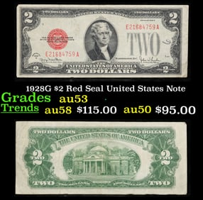 1928G $2 Red Seal United States Note Grades Select AU