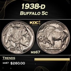 1938-d Buffalo Nickel 5c ms67 SEGS