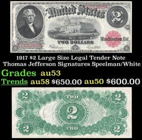 1917 $2 Large Size Legal Tender Note Thomas Jefferson Grades Select AU Signatures Speelman/White