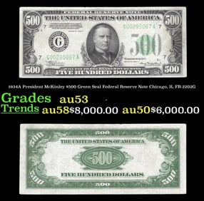 1934A $500 Green Seal Federal Reserve Note President McKinley Chicago, IL Grades Select AU FR-2202G
