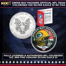 Green Bay Packers Official NFL Team Colorized 1oz Silver Eagle $1 w/ COA Other Toy