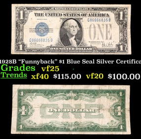 1928B $1 Blue Seal Silver Certificate "Funnyback" Grades vf+