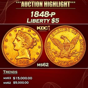 1848-p Gold Liberty Half Eagle $5 ms62 USCG