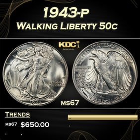 1943-p Walking Liberty Half Dollar 50c ms67 SEGS