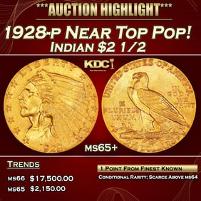 1928-p Gold Indian Quarter Eagle Near Top Pop! $2 1/2 ms65+ SEGS