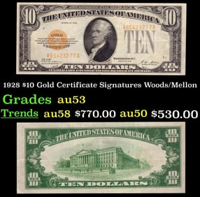 1928 $10 Gold Certificate Signatures Woods/Mellon Grades Select AU
