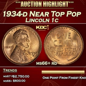 1934-d Lincoln Cent Near Top Pop 1c ms66+ rd SEGS