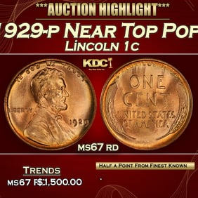 1929-p Lincoln Cent Near Top Pop! 1c ms67 rd SEGS