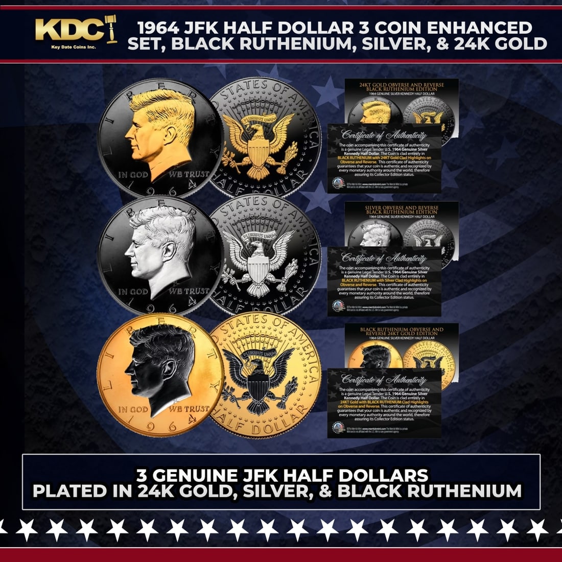 1964 JFK Half Dollar 3 Coin Enhanced Set, Black Ruthenium, Silver, & 24K Gold Other Toy: 1964 JFK Half Dollar 3 Coin Enhanced Set, Black Ruthenium, Silver, & 24K Gold. Kennedy Half Dollar Set of 3 Rare Metal Versions - Black Ruthenium, Silver, 24K Gold. This is your opportunity to own a s