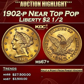 1902-p Gold Liberty Quarter Eagle Near Top Pop $2 1/2 ms67+ SEGS