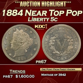 1884 Proof Liberty Nickel Near Top Pop 5c pr67 SEGS