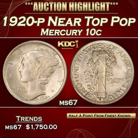 1920-p Mercury Dime Near Top Pop 10c ms67 SEGS