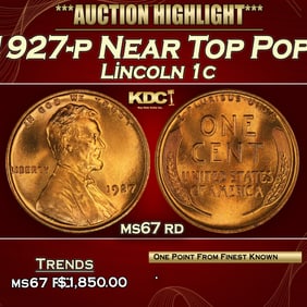 1927-p Lincoln Cent Near Top Pop! 1c ms67 rd SEGS