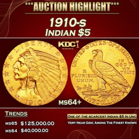 1910-s Gold Indian Half Eagle $5 ms64+ USCG