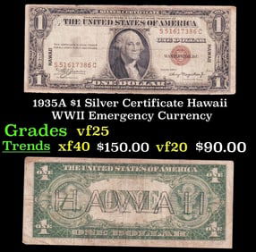 1935A $1 Silver Certificate Hawaii WWII Emergency Currency Grades vf+