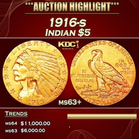 1916-s Gold Indian Half Eagle $5 ms63+ USCG