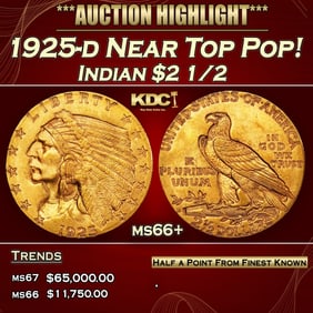 1925-d Gold Indian Quarter Eagle Near Top Pop! $2 1/2 ms66+ USCG