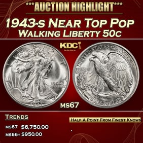 1943-s Walking Liberty Half Dollar Near Top Pop 50c ms67 SEGS