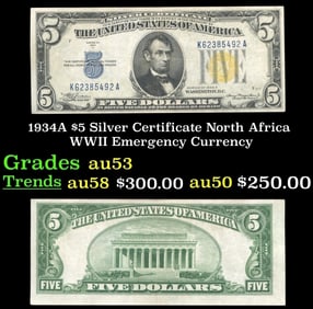 1934A $5 Silver Certificate North Africa WWII Emergency Currency Grades Select AU