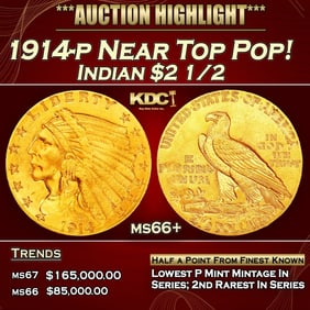 1914-p Gold Indian Quarter Eagle Near Top Pop! $2 1/2 ms66+ USCG