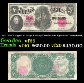 1907 $5 Large Size Legal Tender Note "WoodChopper" Grades vf+ Signatures Teehee/Burke